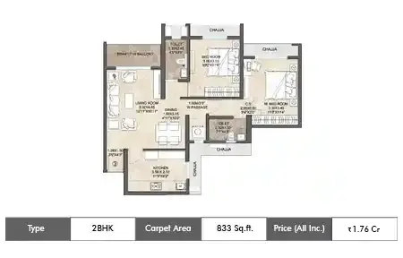 2 BHK 833 sq ft Floor Plan
