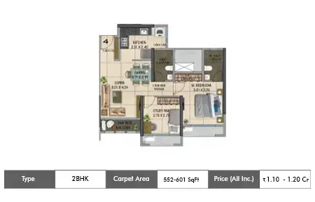 2 BHK 552-601 sq ft Floor Plan