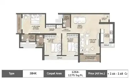 3 BHK 1264-1275 sq ft Floor Plan