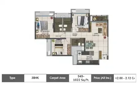 3 BHK 949-1022 sq ft Floor Plan